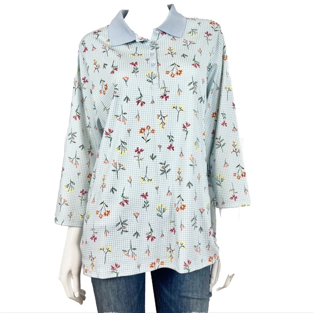 Lands' End size Large Floral Polo with Blue Collar